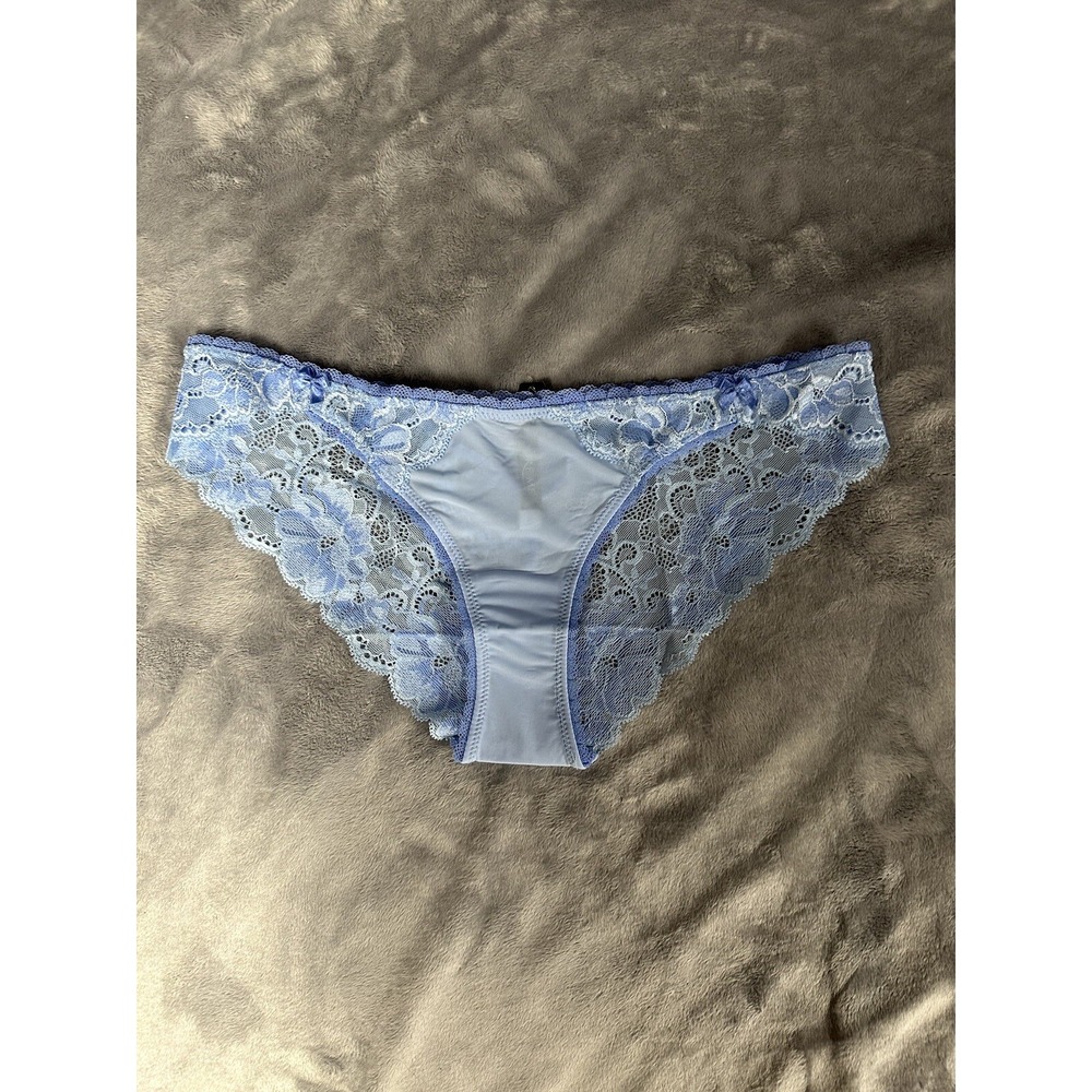 Adore Me Blue Sheer Matte Satin and Floral Lace Cheeky Panty Size S